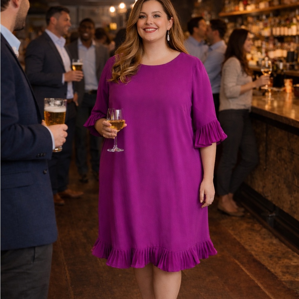 Alfani 24W Magenta Shift Dress Pleated Ruffle Hem Sleeve Plus Size Career Party